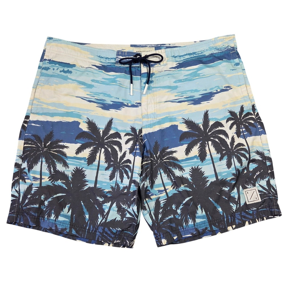 American Eagle Mens XXL Blue Tropical Palm Tree Board Shorts Swim Trunks Beach